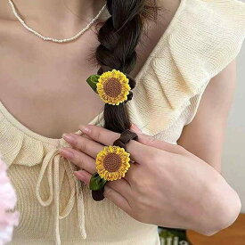 髪ゴム レディース ひまわり柄 花モチーフ 森系 ナチュラル ガーリー かわいい ナチュラル 甘美 布製 手作り 高弾力 伸縮性 春夏 ポニーテール まとめ髪 ヘアアレンジ ヘアアクセサリー