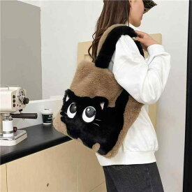 トートバッグ レディース かわいい 猫 モチーフ ファー 素材 高級感 ユニーク デザイン ハンドバッグ ショルダーバッグ 普段使い ミディアム 縦型 スクエア 刺繍 切り替え コントラストカラー 春 白 ピンク グレー