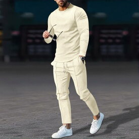 セットアップ メンズ 秋冬 長袖Tシャツ ロングパンツ 2点セット 華夫格 ワッフル生地 丸首 無地 カジュアル 部屋着 普段着 ルームウェア コット混紡 軽量 快適 紳士服