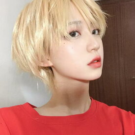 ウィッグ メンズ レディース コスプレ フルウィッグ ショート 金髪 アニメ 耐熱 自然 ボブ 斜めバング 男女兼用 カット可能