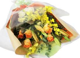 季節おまかせ生花花束 バラ5本とゆりなど 旬のお花たくさん3色 オリジナル 生花花束 卒業式 入学式 お祝い PURIZA 一押し 誕生日祝い 敬老の日