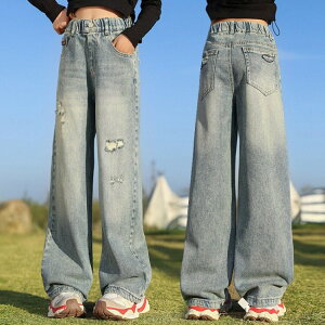 【先着60名:200円Offクーポン】女の子 デニムパンツ 子供服 長ズボン ワイドパンツ ダメージ加工 ストレートパンツ ジーンズ ボトムス キッズ おしゃれ ブルー ダメージ デニム ロングパンツ