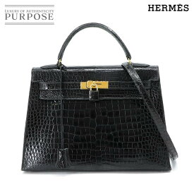 エルメス HERMES クロコダイル ケリー 32 2way ハンド ショルダー バッグ ポロサス ブラック 外縫い 〇Z刻印 ゴールド 金具 Kelly 【中古】