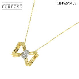 【新品同様】 ティファニー TIFFANY&Co. リボン ダイヤ ネックレス 41cm K18 YG イエローゴールド 750 Pt プラチナ Diamond Necklace【中古】