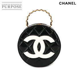 【新品同様】 シャネル CHANEL マトラッセ ラウンド バニティ ハンド バッグ エナメル ブラック ホワイト ヴィンテージ ゴールド 金具 Matelasse Round Vanity 【中古】