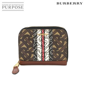 バーバリー BURBERRY モノグラム ストライプ ラウンドファスナー コインケース 小銭入れ PVC レザー ブラウン ゴールド 金具 Coin Case 【中古】