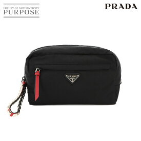 【新品同様】 プラダ PRADA スタッズ クラッチ セカンド バッグ ナイロン レザー ブラック レッド 1NA019 シルバー 金具 Clutch Bag 【中古】