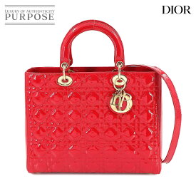 【新品同様】 クリスチャン ディオール Chiristian Dior レディディオール ラージ 2way ハンド ショルダー バッグ エナメル レッド Lady Dior Bag 【中古】