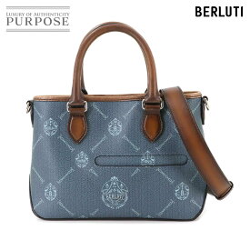 【新品同様】 ベルルッティ Berluti シグネチャー トゥジュール ガリバー 2way トート ショルダー バッグ PVC レザー ブルー ブラウン Toujours Gulliver Bag 【中古】