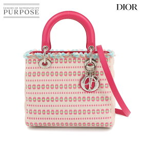 【新品同様】 クリスチャン ディオール Chiristian Dior カナージュ レディディオール ミディアム 2way ハンド ショルダー バッグ ツイードキャンバス レザー ピンク Lady Dior 【中古】