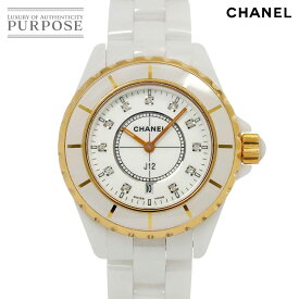 シャネル CHANEL J12 33mm H2181 レディース 腕時計 11P ダイヤ デイト ホワイト セラミック YG イエローゴールド クォーツ ウォッチ 【中古】
