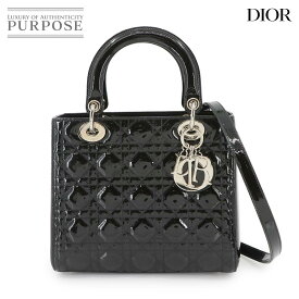 【新品同様】 クリスチャン ディオール Chiristian Dior カナージュ レディディオール ミディアム 2way ハンド ショルダー バッグ エナメル ブラック Lady dior 【中古】
