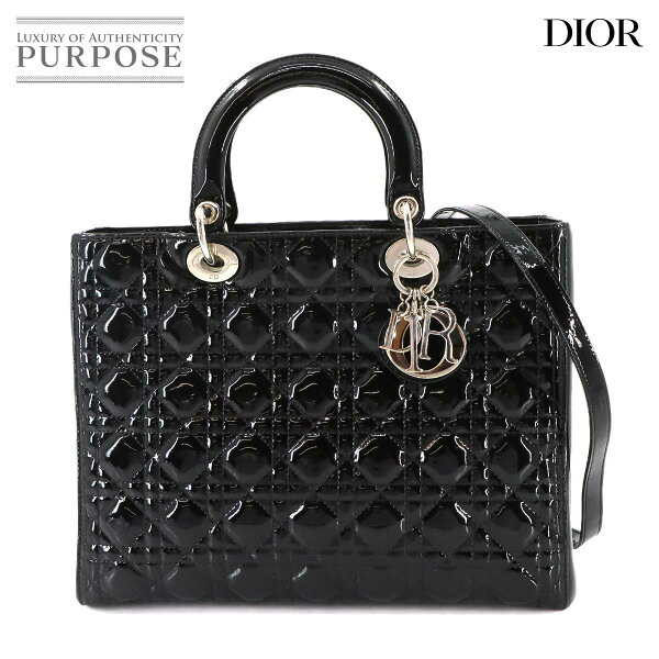 【美品】 クリスチャン ディオール Chiristian Dior カナージュ レディディオール ラージ 2way ハンド ショルダー バッグ エナメル ブラック Lady Dior Bag 【中古】