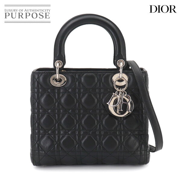 【新品同様】 クリスチャン ディオール Chiristian Dior カナージュ レディディオール ミディアム 2way ハンド ショルダー バッグ レザー ブラック Lady Dior Medium 【中古】