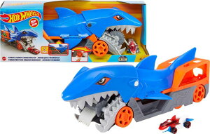Hot Wheels Shark Chomp Transporter Playset with One 1:64 Scale Car for Kids 4 to 8 Years Old, Shark Bite Hauler Picks Up Cars i