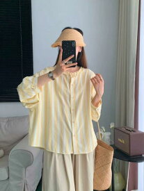 シャツ レディース トップス 長袖 ストライプ 木耳襟 フリルネック ゆったり ルーズ カジュアル 韓風 スクール風 通学用 デイリーユース 普段使い お出かけ 体型カバー 快適 着痩せ フェミニン 爽やか 薄手 ブルー