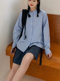 シャツ レディース 長袖 春秋 青 ブルー 学院風 スクール風 中長丈 ミディアム丈 チュニック 宽松 ゆったり 体型カバー 韓国風 韓流 トップス インナー 重ね着 レイヤード カジュアル オフィスカジュアル 通勤 通学