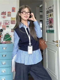 ニットベスト シャツ 2点セット レディース ベスト チョッキ セーター ジレ 学院風 スクールガール スタイル 格子柄 ネルシャツ トップス カジュアル 通学 学生