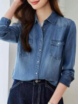 テンセルシャツ シャツブラウス デニムシャツジャケット レディース テンセル デニム シャツ レディース デニムシャツ ダンガリーシャツ シャツブラウス トップス 羽織り オーバーサイズ 体型カバー ゆったり 楽ちん 襟付き ポケット 2way 薄手 きれいめ カジュアル セットアップ 春服 M L 春夏 秋冬 春 夏 秋 冬 andme