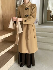 コート レディース キャメル ラクダ キャメル混 ウール ラクダ毛 ロング丈 マキシ丈 アウター 毛ね 毛皮 ジャケット 立ち襟 立襟 フードなし ゆったり 無地 暖かい 防寒 普段使い 通勤用 オフィス カジュアル 秋冬 上品