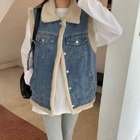 ベスト レディース デニムベスト ボアベスト アウター ジレ 裏起毛 あったか 厚手 ゆったり 防寒 トップス 袖なし ノースリーブ 襟付き レトロ カジュアル ヴィンテージ風 おしゃれ 20代 30代 秋冬 ブルー フリーサイズ