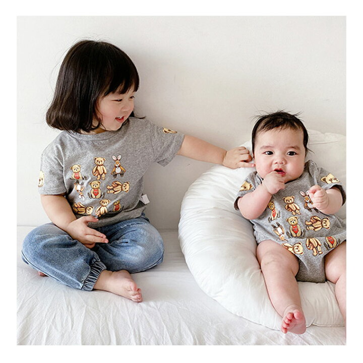 楽天市場 ロンパース ベビー Tシャツ キッズ 春夏 半袖 女の子 男の子 キッズ Tシャツ 70 80 90 100 110 1 くま ホワイト グレー コットン 綿 赤ちゃん お揃い お揃コーデ 兄弟 姉妹 人気 新作 送料無料 ファッション おしゃれ 9c54