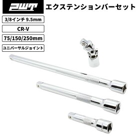 PWT 3/8インチ 9.5mm エクステンションバーセット 75/150/250mm ユニバーサルジョイント 4点セット クロームバナジウム鋼 車整備 バイク工具 自転車 DIY作業用 IEB38SET-4