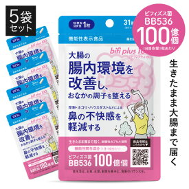 生きた ビフィズス菌 サプリ BB536 1粒 生菌 100億 (製造時 1粒 200億以上) ラクチュロース 乳酸菌 花粉 鼻の不快感 軽減 ハウスダスト 大腸の腸内環境を改善 腸まで届く ビフィプラス100 5袋医師監修 機能性表示食品 サプリメント [メール便]