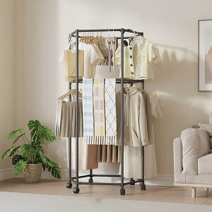 回転式ハンガーラック 洗濯物干し 衣類ラック キャスター付き 360度回転 六角形 おしゃれ 省スペース 衣類収納 円形 ディスプレイ 組み立て簡単 バルコニー リビングルーム 小さなアパート
