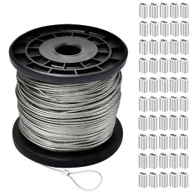 ステンレスワイヤー 2mm 長さ100m ワイヤーロープ ステンレスロープ アルミスリーブ付き 50個 7*7構成 SUS304 柔軟 継手 8文字型 錆びにくい 工事 固定 地震対策 落下防止 盗難防止 配線 漁業 林業 DIY フェンス 柵 (直径2mmx長さ100m)
