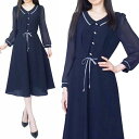 ワンピース 秋 きれいめ レディース ミモレ丈 ネイビー シースルー袖 透け感 ウエスト絞り 上品 シンプル エレガント シフォン フレア ワンピース 膝下 ひざ下 紺 シック