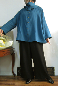 結んで開いて、まーた結んで伸ーばしてダブルガーゼの青いシャツジャケット 一着限定　綿100%