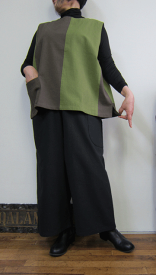 ミドリとブラウン切り替えおもしろアレンジベスト /綿100% 一着限定