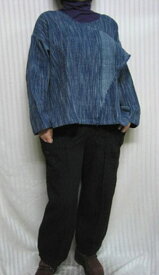 【送料無料】手織りプルオーバー/ブルー綿100% 大きいサイズ/ゆったりサイズ40代.50代.60代.70代/個性派シニア ミセス レディースファッション