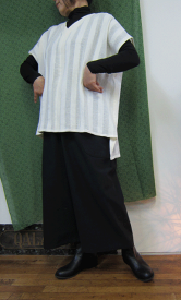 爽やかクレープ生地 極太ストライプフレンチブラウス一着限定