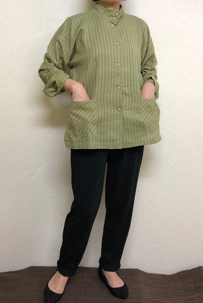 【送料無料】日除けの立ち衿 透かし織りジャケットグリーン 綿100% 大きいサイズ 40代.50代.60代.70代個性派 シニア ミセス レディースファッション