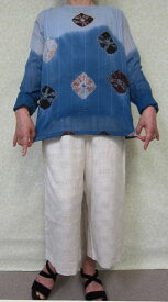 【送料無料】極薄クレープ二枚仕立ての絞り染めで軽ーいブラウスでけました～♪青系 綿100％40代.50代.60代.70代 個性派シニア ミセス レディースファッション