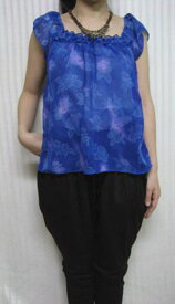 【送料無料】フラワータンク ブラウス ブルー30代.40代.50代 個性派 レディースファッション