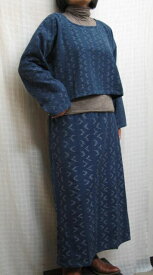【送料無料】絣ボレロ風ブラウスセミタイト絣スカート 紺系 ツーピース 綿100% 40代.50代.60代.70代 個性派 シニア ミセス レディースファッション