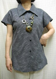 【送料無料】グレー系の手織り粋なレトロシャツ綿100％ 40代.50代.60代.70代個性派 シニア ミセス レディースファッション