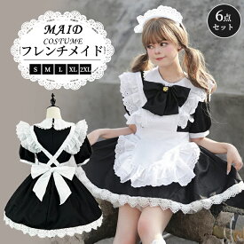 メイド服 ハロウィン コスプレ メイド 可愛い 女の子 セクシー カップル ロリータ 定番 衣装 レディース エプロン ドレス アリス風仮装 男ウケ 大きいサイズ 頭飾り カチューシャ 女子会 豪華6点セット ブラック アイドル 黒 学園祭 S-2XL