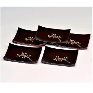 会津漆器・会津塗 総溜 長角皿 南天(5枚組)