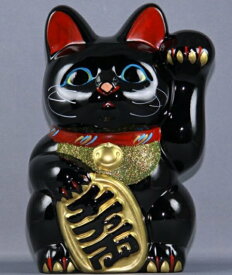 常滑焼 招き猫　梅月 黒小判猫（左手）　6号　高さ：19cm　貯金箱