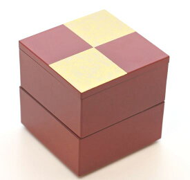 山中漆器 ミニミニ二段重　市松ゴールド2段中子重（朱）単独で小重として 一段にすると5.0寸のお重箱に蓋付ですっぽり収まります。サイズ：6.9×6.9×7.0cm