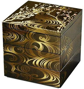 日本製 山中漆器 重箱 日本の伝統美、香琳の柄を丹念に描いた、職人技が際立つ三段重 香琳6.0三段重(黒)(A)