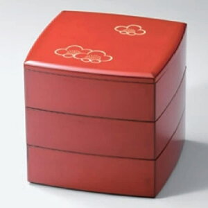 越前漆器・越前塗 漆遊館 茜内朱 福梅 胴張三段重 5寸(14.7×14.7×15.0cm)