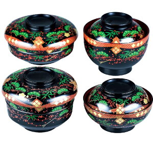会津漆器・会津塗 黒内朱 八ツ揃 椀 会津絵(漆・手塗・手描)