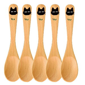 会津漆器・会津塗 白木 スプーンS 黒猫 (手描) (5本組)