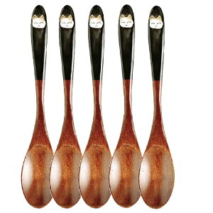 会津漆器・会津塗 カレースプーン (漆・手描)ねこ 黒 (5本組)