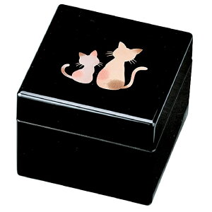 会津漆器・会津塗 黒 姫小箱 親子ねこ